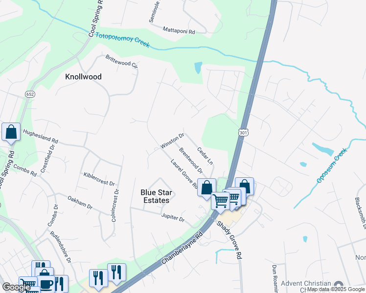 map of restaurants, bars, coffee shops, grocery stores, and more near 9368 Brentwood Drive in Mechanicsville