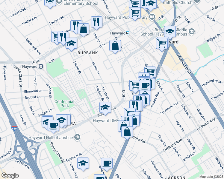 map of restaurants, bars, coffee shops, grocery stores, and more near 24027 Park Street in Hayward