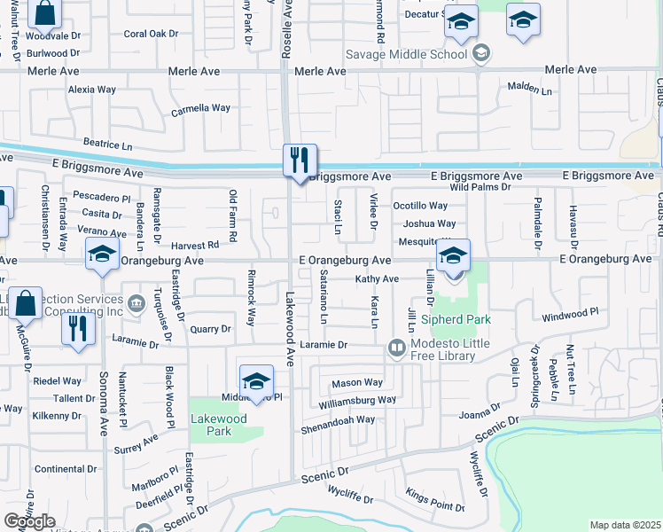 map of restaurants, bars, coffee shops, grocery stores, and more near 3100 East Orangeburg Avenue in Modesto
