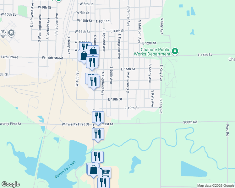 map of restaurants, bars, coffee shops, grocery stores, and more near E 17th St in Chanute