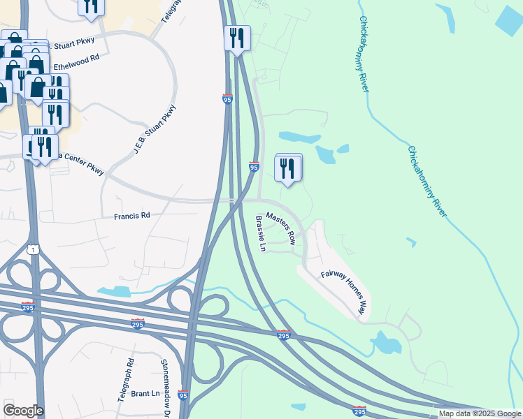 map of restaurants, bars, coffee shops, grocery stores, and more near 940 Masters Row in Glen Allen
