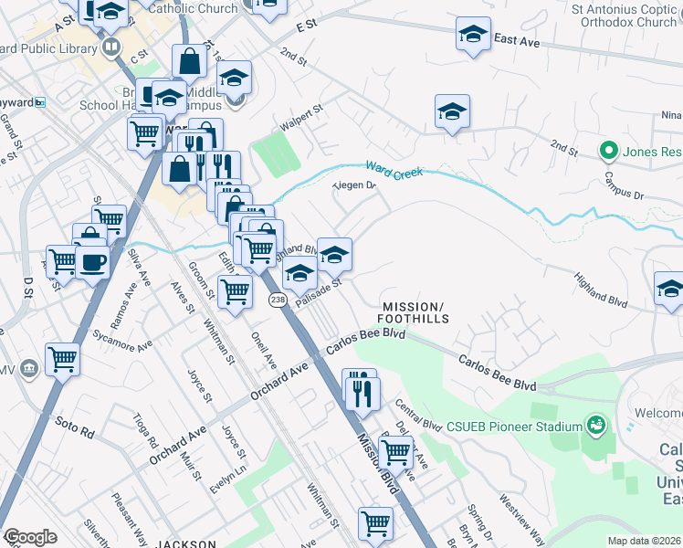 map of restaurants, bars, coffee shops, grocery stores, and more near 1014 Palisade Street in Hayward