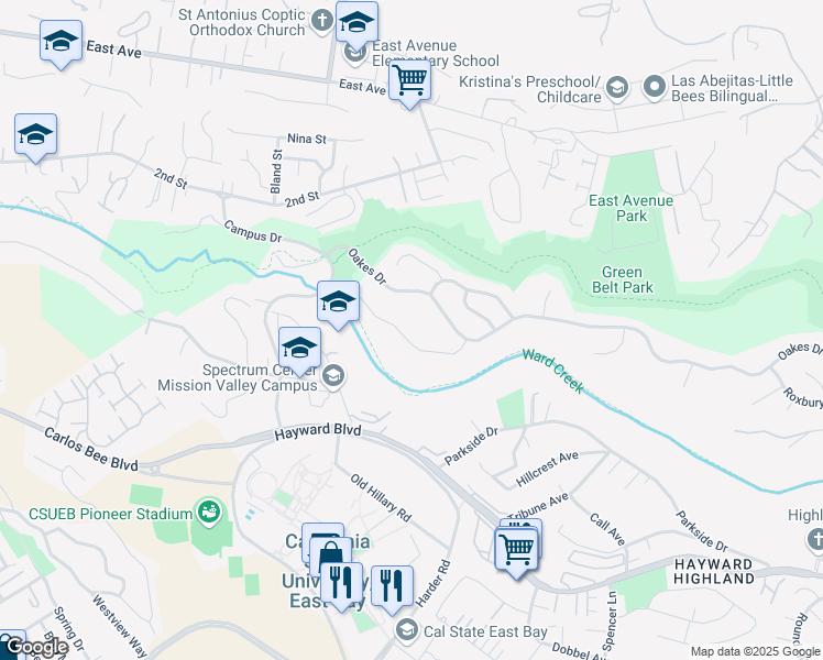 map of restaurants, bars, coffee shops, grocery stores, and more near 2506 Carisbrook Court in Hayward