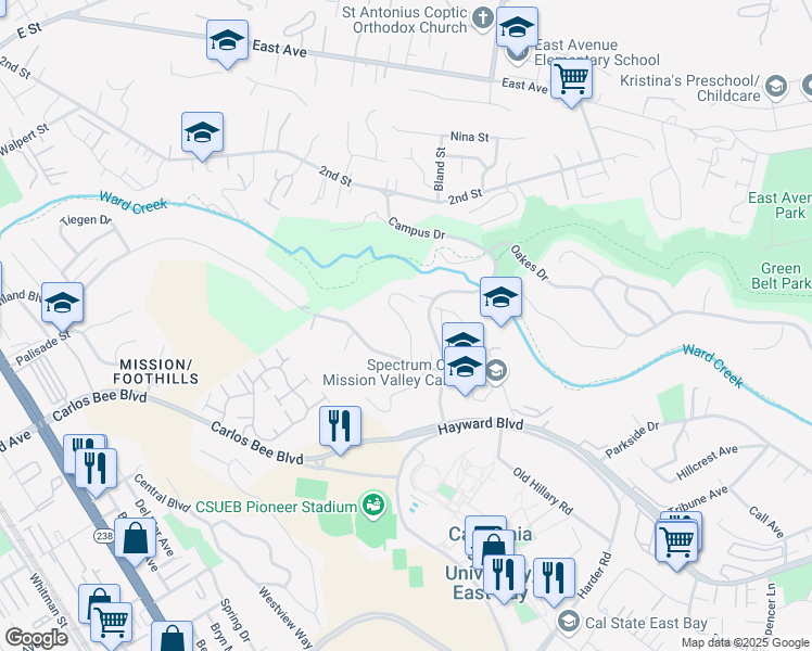 map of restaurants, bars, coffee shops, grocery stores, and more near Morse Court in Hayward