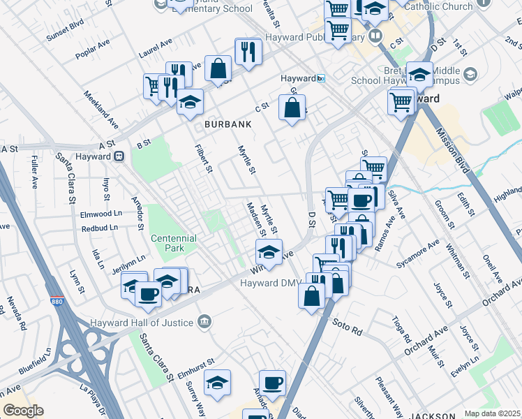 map of restaurants, bars, coffee shops, grocery stores, and more near 3088 Madsen Street in Hayward