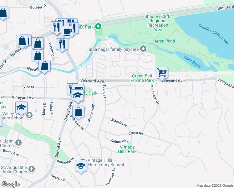map of restaurants, bars, coffee shops, grocery stores, and more near 552 Burger Court in Pleasanton