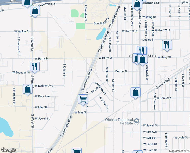 map of restaurants, bars, coffee shops, grocery stores, and more near 1722 Catherine Street in Wichita