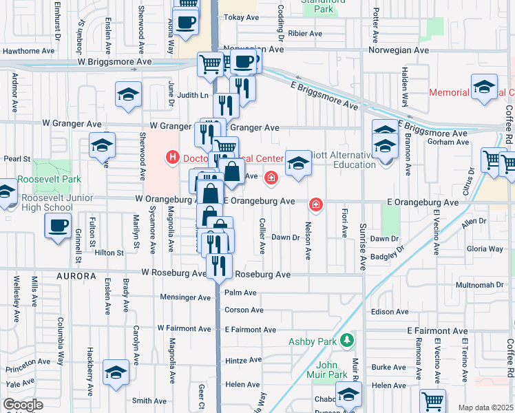 map of restaurants, bars, coffee shops, grocery stores, and more near 162 East Orangeburg Avenue in Modesto