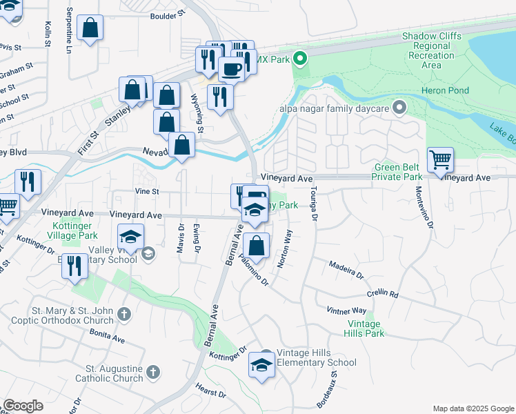 map of restaurants, bars, coffee shops, grocery stores, and more near 3492 Bernal Avenue in Pleasanton