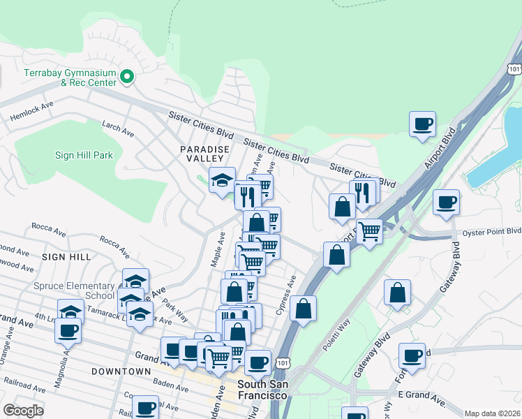 map of restaurants, bars, coffee shops, grocery stores, and more near 250 Hillside Boulevard in South San Francisco