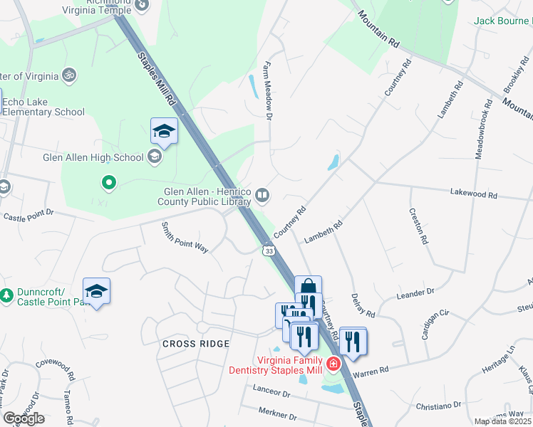 map of restaurants, bars, coffee shops, grocery stores, and more near 10501 Staples Mill Road in Glen Allen