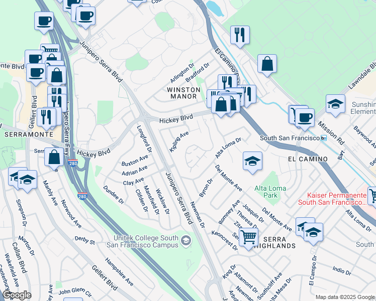map of restaurants, bars, coffee shops, grocery stores, and more near 251 Crown Circle in South San Francisco
