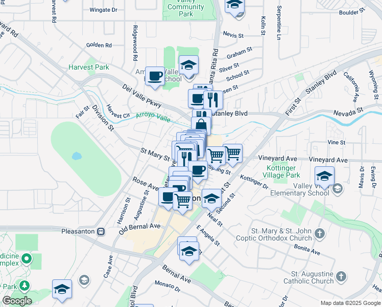 map of restaurants, bars, coffee shops, grocery stores, and more near 749 Main Street in Pleasanton