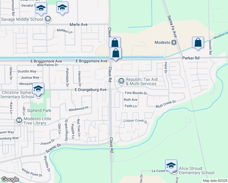 map of restaurants, bars, coffee shops, grocery stores, and more near in Modesto