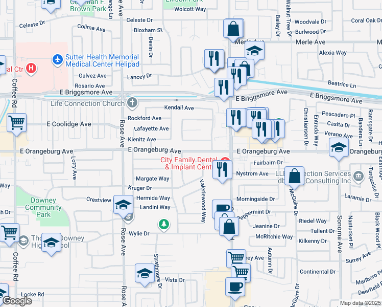 map of restaurants, bars, coffee shops, grocery stores, and more near 1943 East Orangeburg Avenue in Modesto