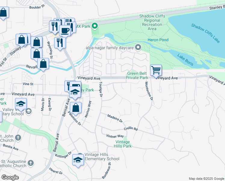 map of restaurants, bars, coffee shops, grocery stores, and more near 552 Burger Court in Pleasanton