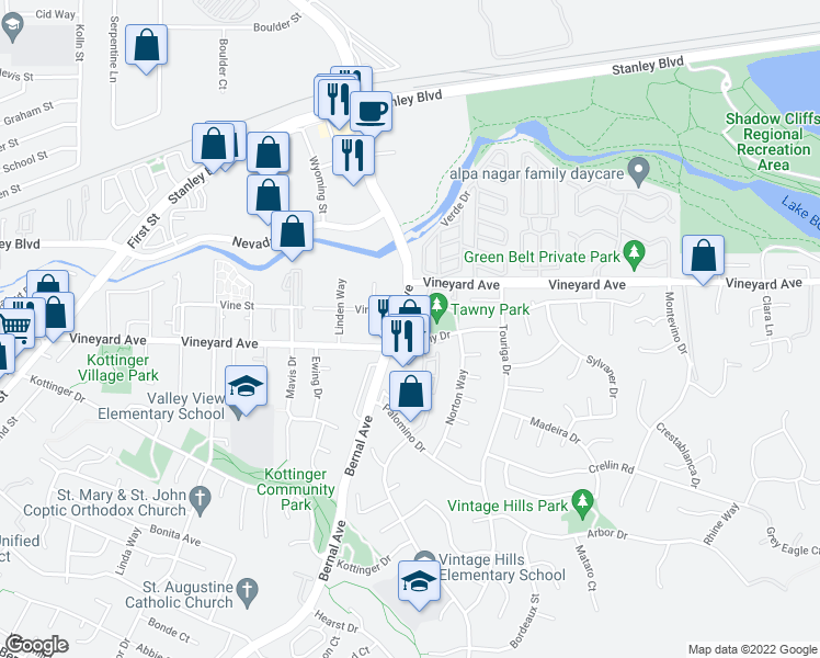 map of restaurants, bars, coffee shops, grocery stores, and more near 3492 Bernal Avenue in Pleasanton