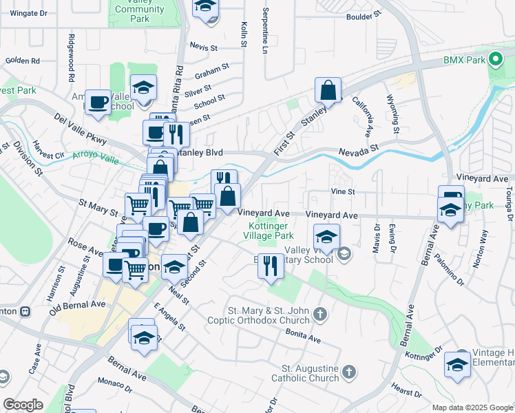 map of restaurants, bars, coffee shops, grocery stores, and more near 4059 Vineyard Avenue in Pleasanton
