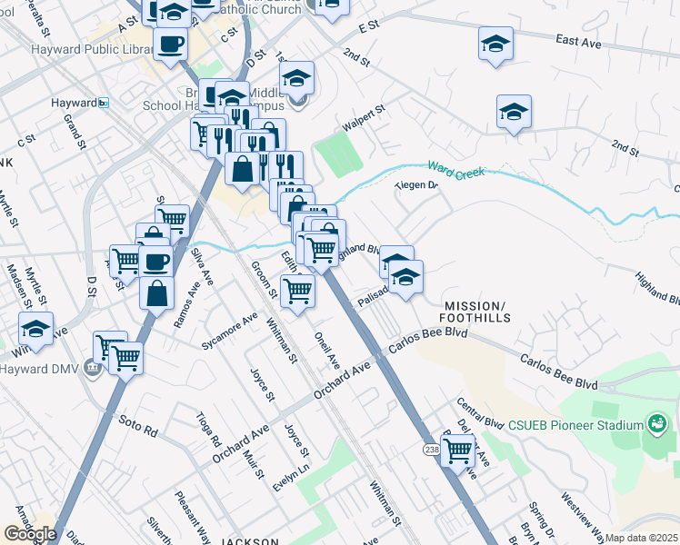 map of restaurants, bars, coffee shops, grocery stores, and more near 24518 Mission Boulevard in Hayward