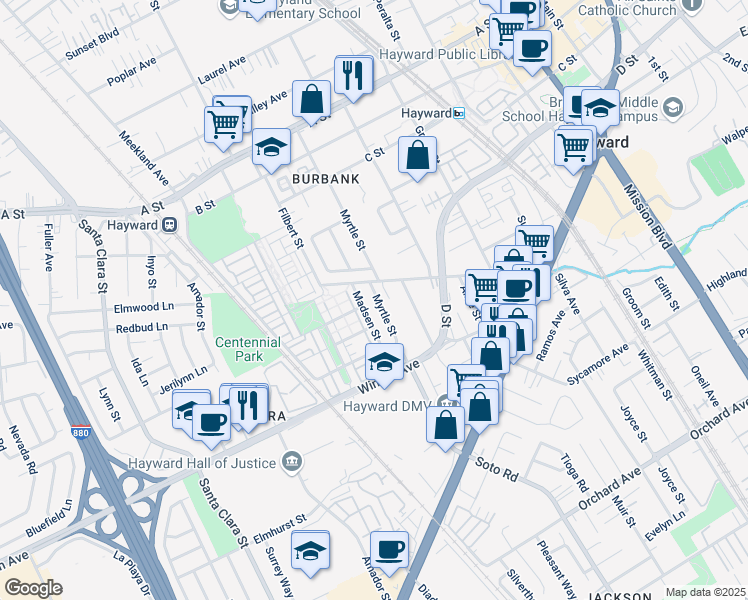 map of restaurants, bars, coffee shops, grocery stores, and more near 3088 Madsen Street in Hayward