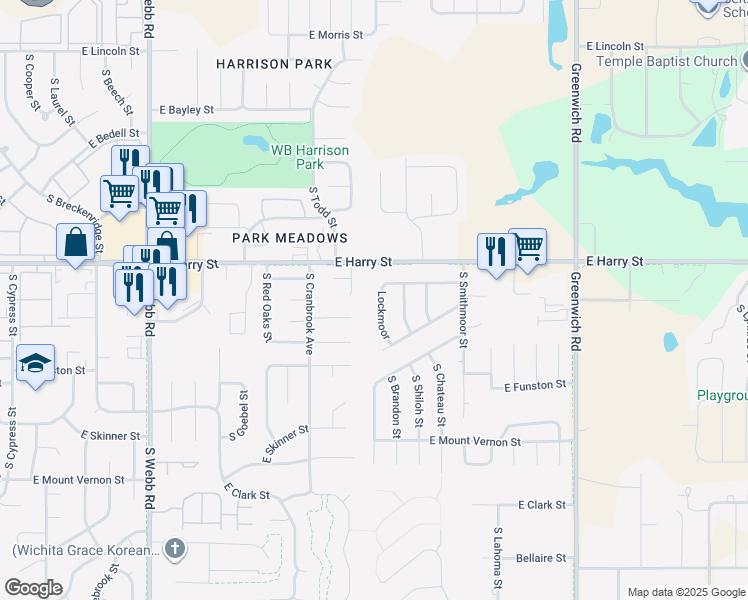 map of restaurants, bars, coffee shops, grocery stores, and more near 1627 South Brandon Street in Wichita