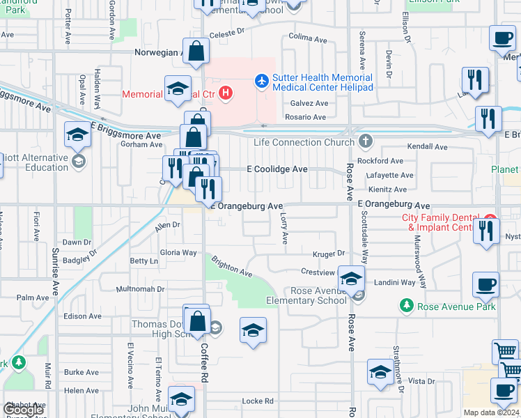 map of restaurants, bars, coffee shops, grocery stores, and more near 1430 East Orangeburg Avenue in Modesto
