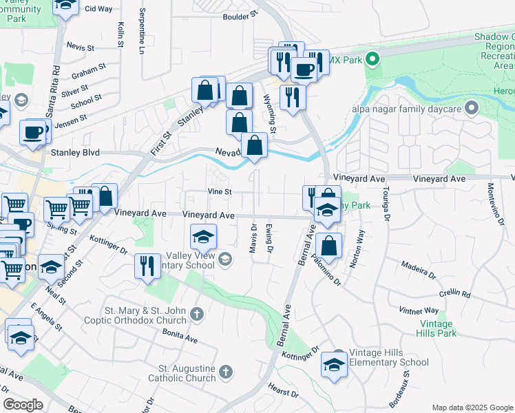 map of restaurants, bars, coffee shops, grocery stores, and more near 288 Mavis Drive in Pleasanton