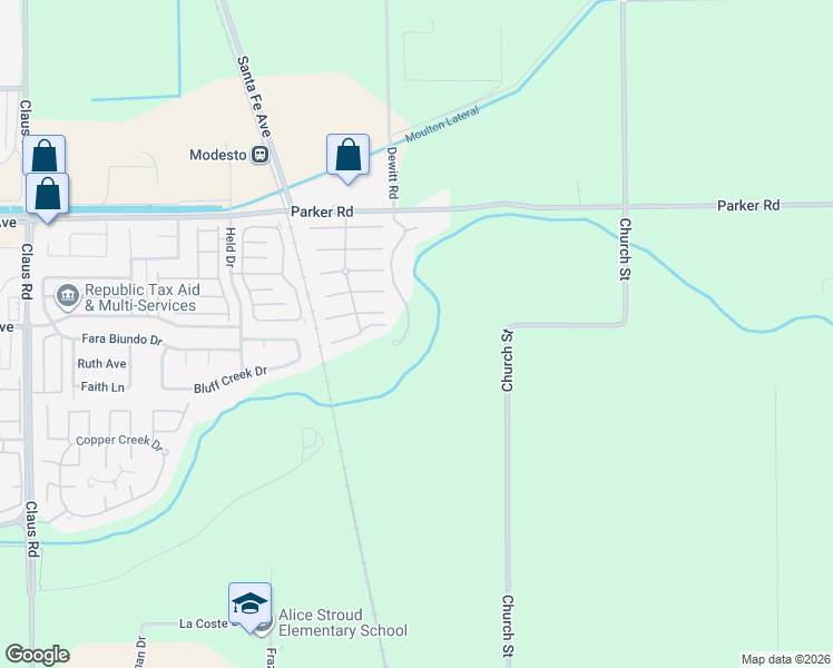 map of restaurants, bars, coffee shops, grocery stores, and more near 1324 Trails Way in Modesto