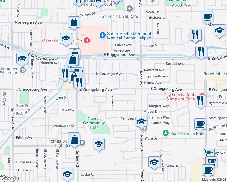 map of restaurants, bars, coffee shops, grocery stores, and more near 1340 Lorry Avenue in Modesto