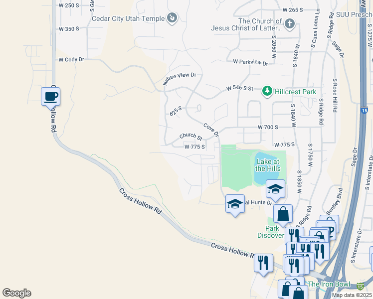 map of restaurants, bars, coffee shops, grocery stores, and more near 2437 West Cresent Heights Drive in Cedar City