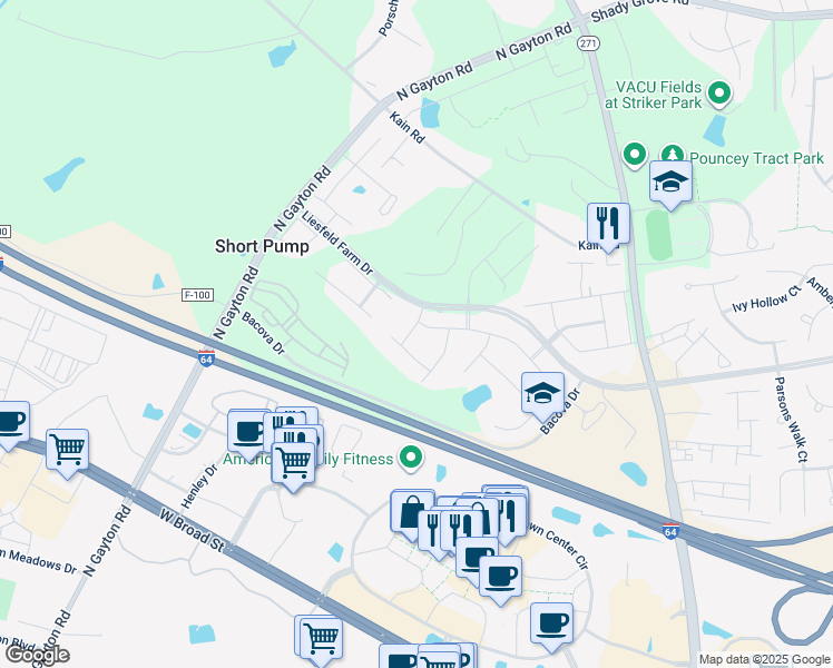 map of restaurants, bars, coffee shops, grocery stores, and more near 4565 Paxton Glen Drive in Glen Allen