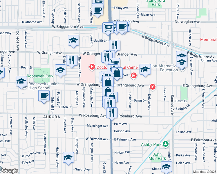 map of restaurants, bars, coffee shops, grocery stores, and more near in Modesto