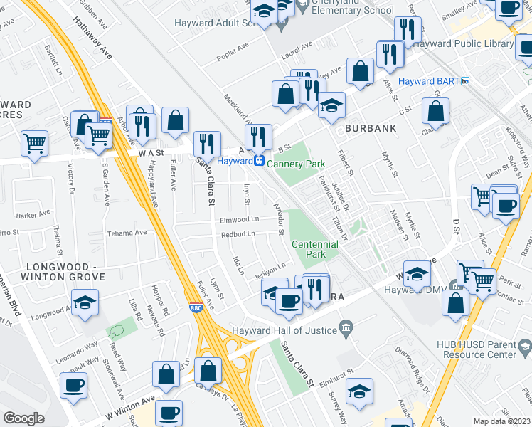 map of restaurants, bars, coffee shops, grocery stores, and more near 263 Elmwood Lane in Hayward
