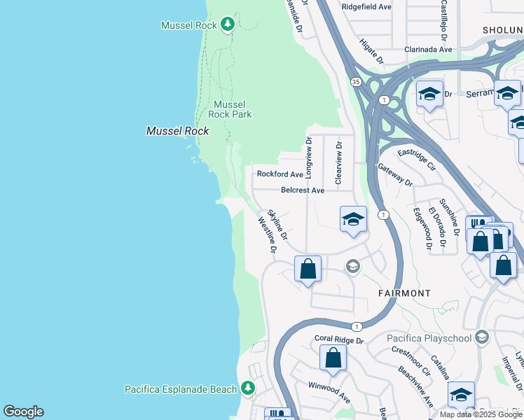 map of restaurants, bars, coffee shops, grocery stores, and more near Skyline Drive & Westline Drive in Daly City