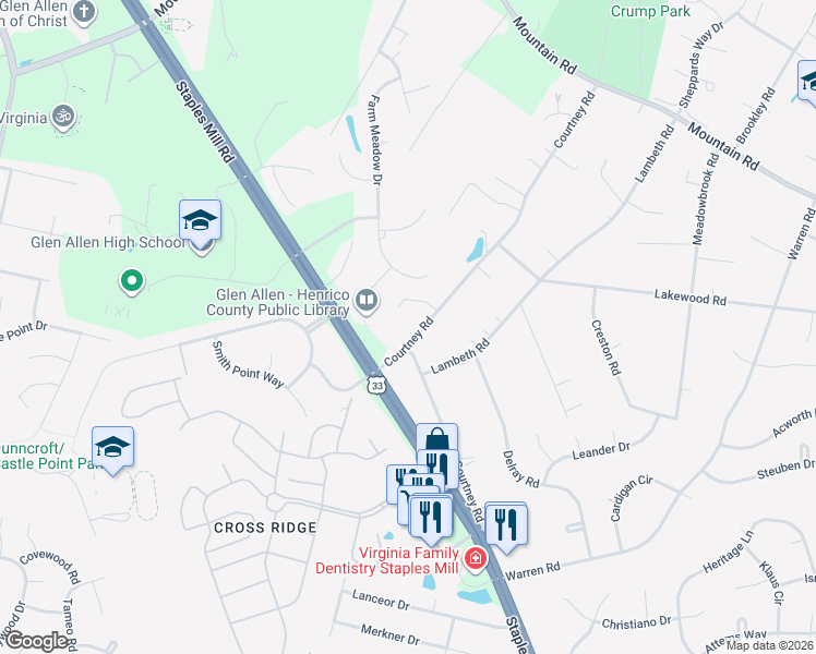 map of restaurants, bars, coffee shops, grocery stores, and more near 10516 Courtney Road in Glen Allen