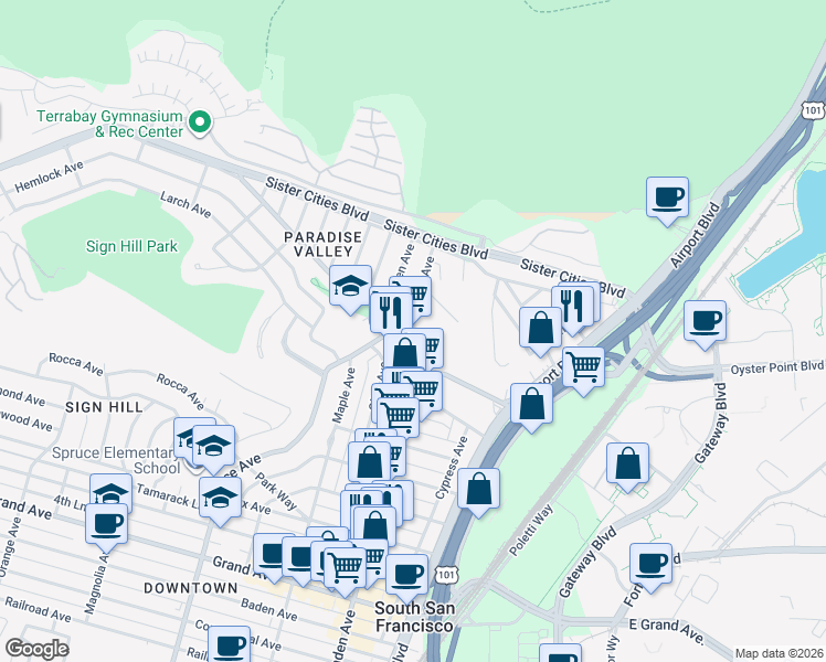 map of restaurants, bars, coffee shops, grocery stores, and more near 250 Hillside Boulevard in South San Francisco