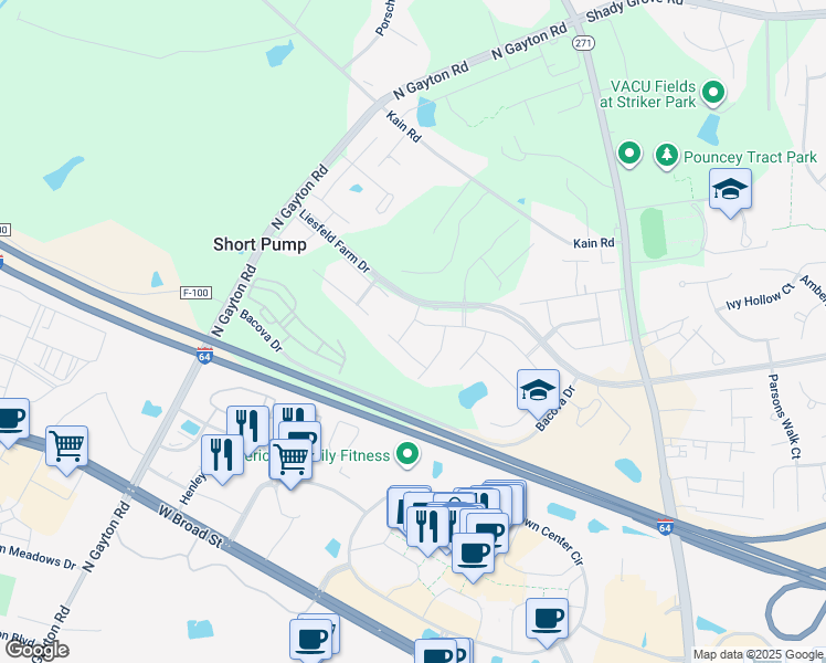 map of restaurants, bars, coffee shops, grocery stores, and more near 4565 Paxton Glen Drive in Glen Allen