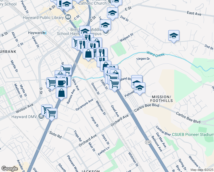 map of restaurants, bars, coffee shops, grocery stores, and more near 24480 Edith Street in Hayward