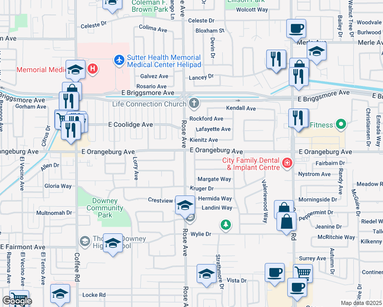 map of restaurants, bars, coffee shops, grocery stores, and more near 1341 Scottsdale Way in Modesto