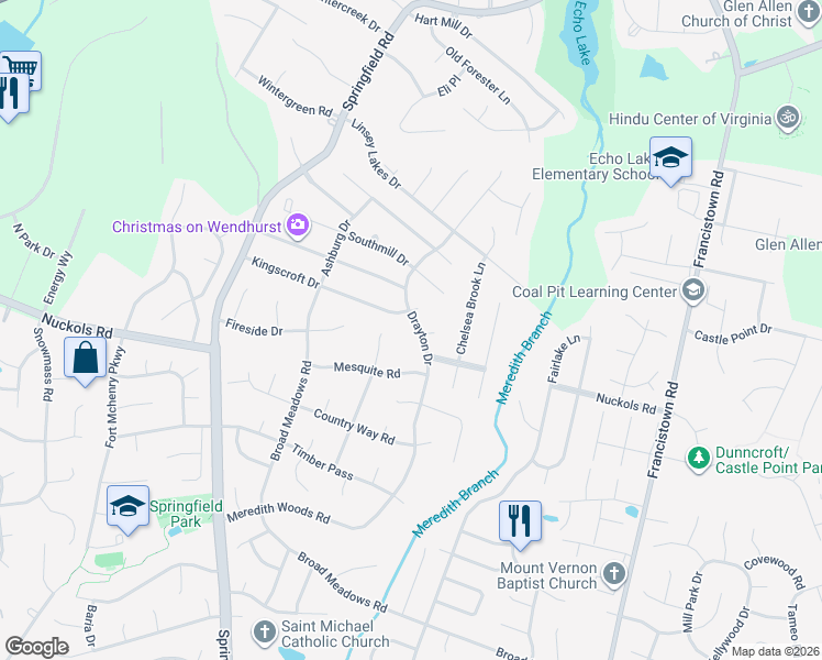 map of restaurants, bars, coffee shops, grocery stores, and more near 5109 Drayton Drive in Glen Allen