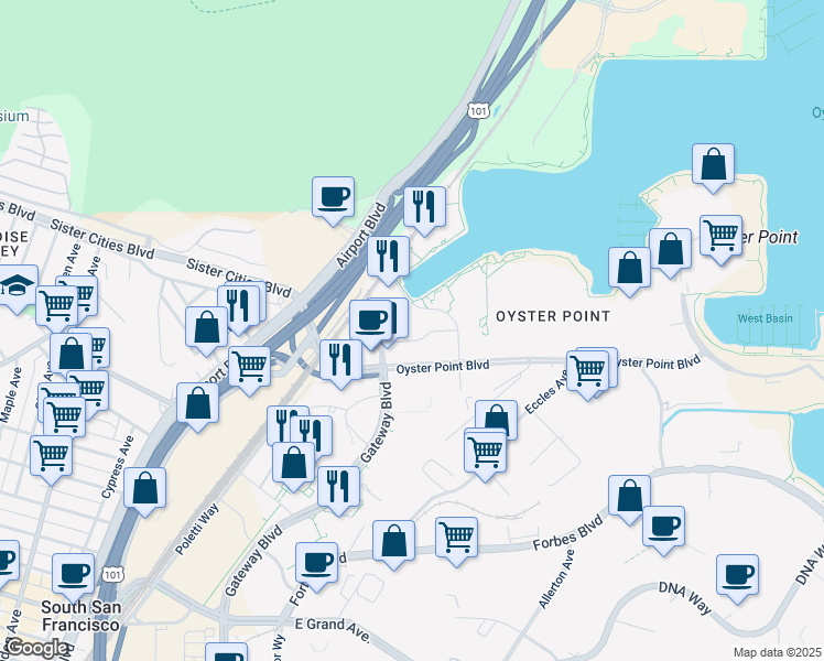 map of restaurants, bars, coffee shops, grocery stores, and more near 151 Oyster Point Boulevard in South San Francisco