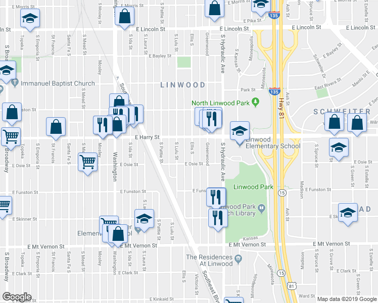 map of restaurants, bars, coffee shops, grocery stores, and more near 1631 Ellis South in Wichita