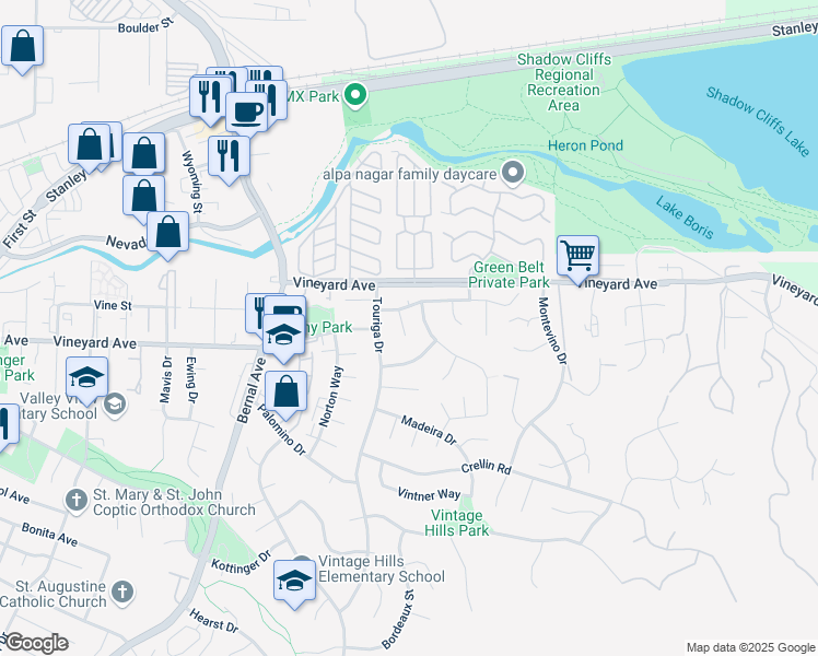 map of restaurants, bars, coffee shops, grocery stores, and more near 552 Burger Court in Pleasanton