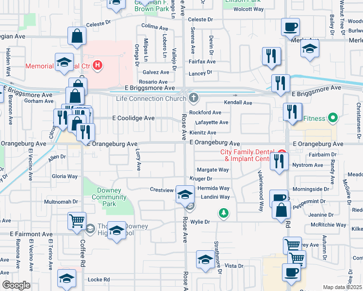 map of restaurants, bars, coffee shops, grocery stores, and more near 1720 East Orangeburg Avenue in Modesto