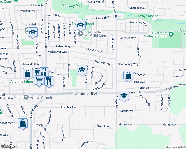 map of restaurants, bars, coffee shops, grocery stores, and more near 1662 Genoa Street in Livermore