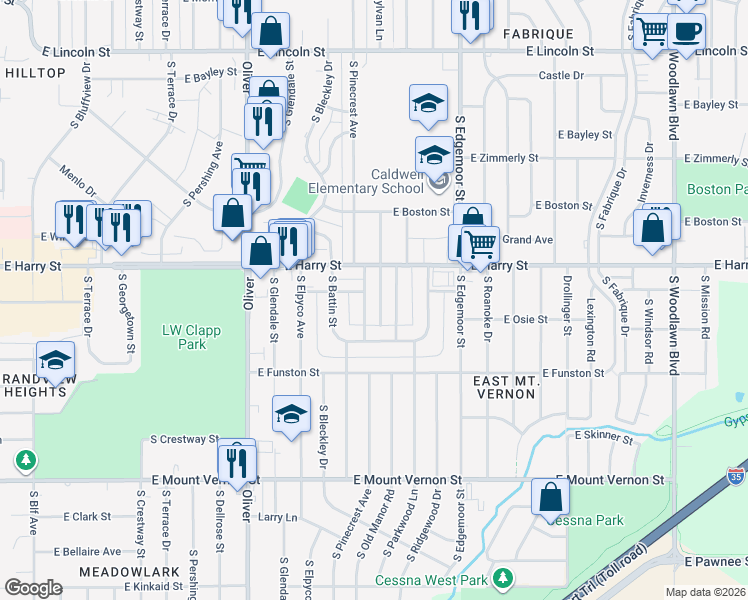 map of restaurants, bars, coffee shops, grocery stores, and more near 1648 South Pinecrest Street in Wichita