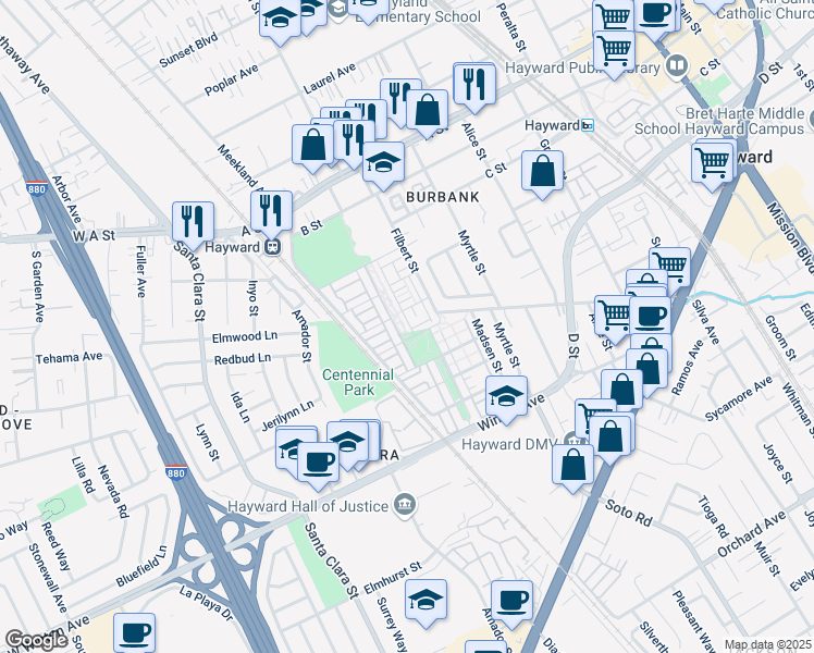 map of restaurants, bars, coffee shops, grocery stores, and more near 2112 Jubilee Drive in Hayward