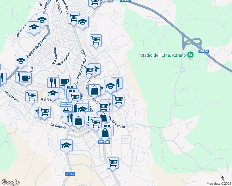 map of restaurants, bars, coffee shops, grocery stores, and more near 22 Via Fosse Ardeatine in Adrano