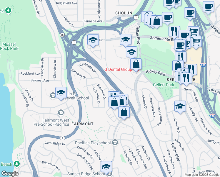 map of restaurants, bars, coffee shops, grocery stores, and more near 255 Gateway Drive in Pacifica