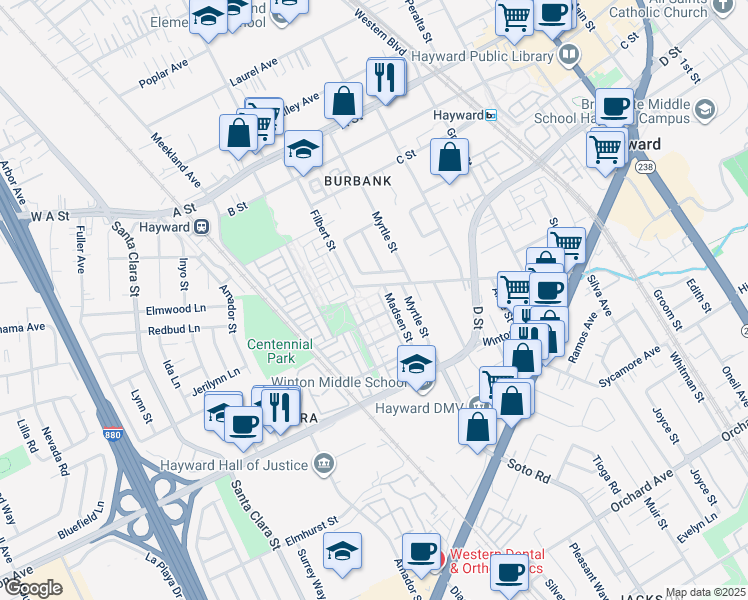 map of restaurants, bars, coffee shops, grocery stores, and more near 610 Staley Avenue in Hayward